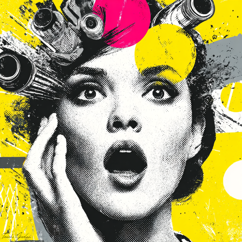 Pop art style illustration of a woman with colorful hair accessories on a yellow background