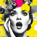 Pop art style illustration of a woman with colorful hair accessories on a yellow background