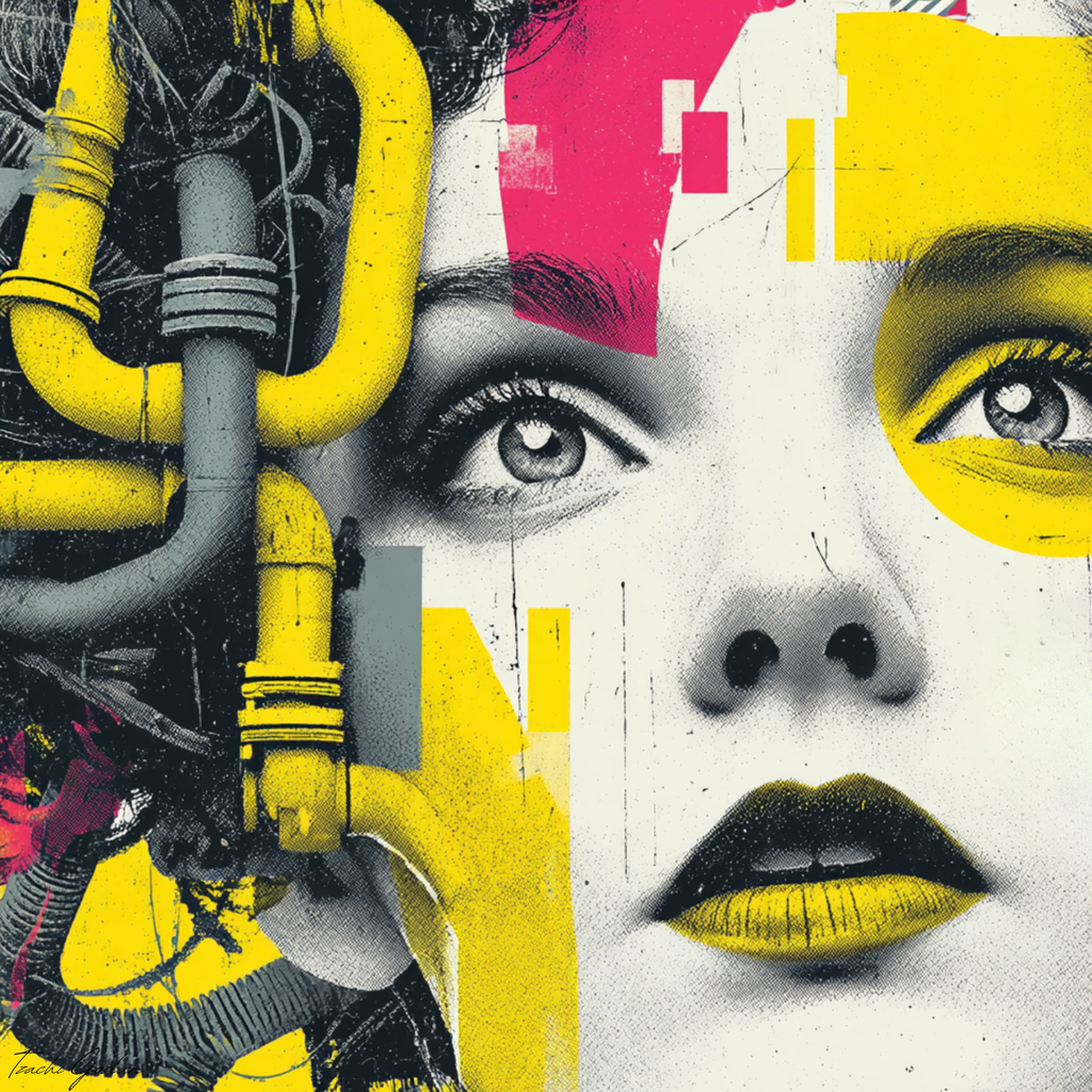 Artistic collage with a face, pipes, and abstract elements in yellow, black, and gray.