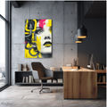 Modern office interior with a colorful abstract painting on the wall.