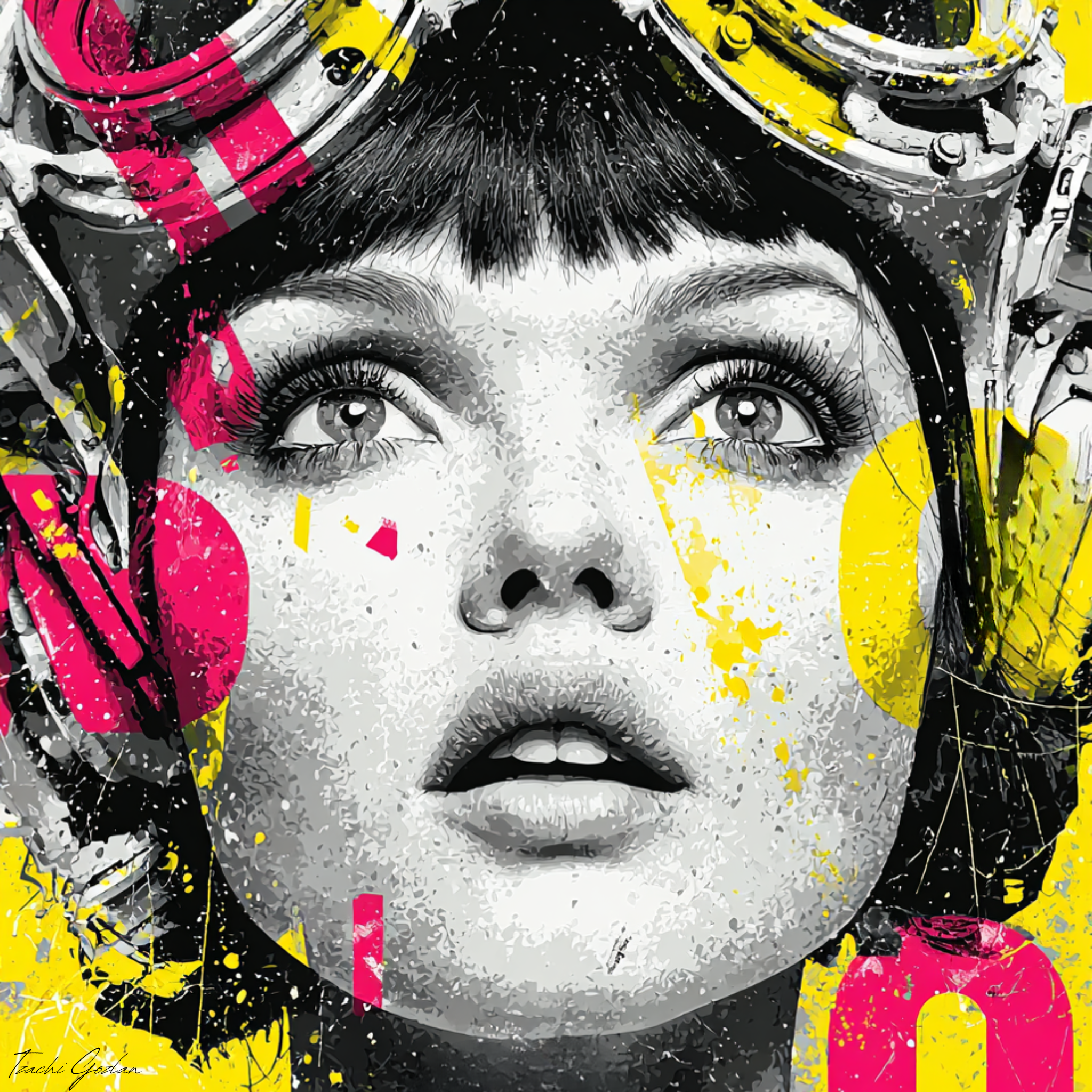 Artistic portrait with a woman's face, colorful abstract elements, and mechanical design.