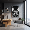 Modern office interior with a large abstract wall art piece.