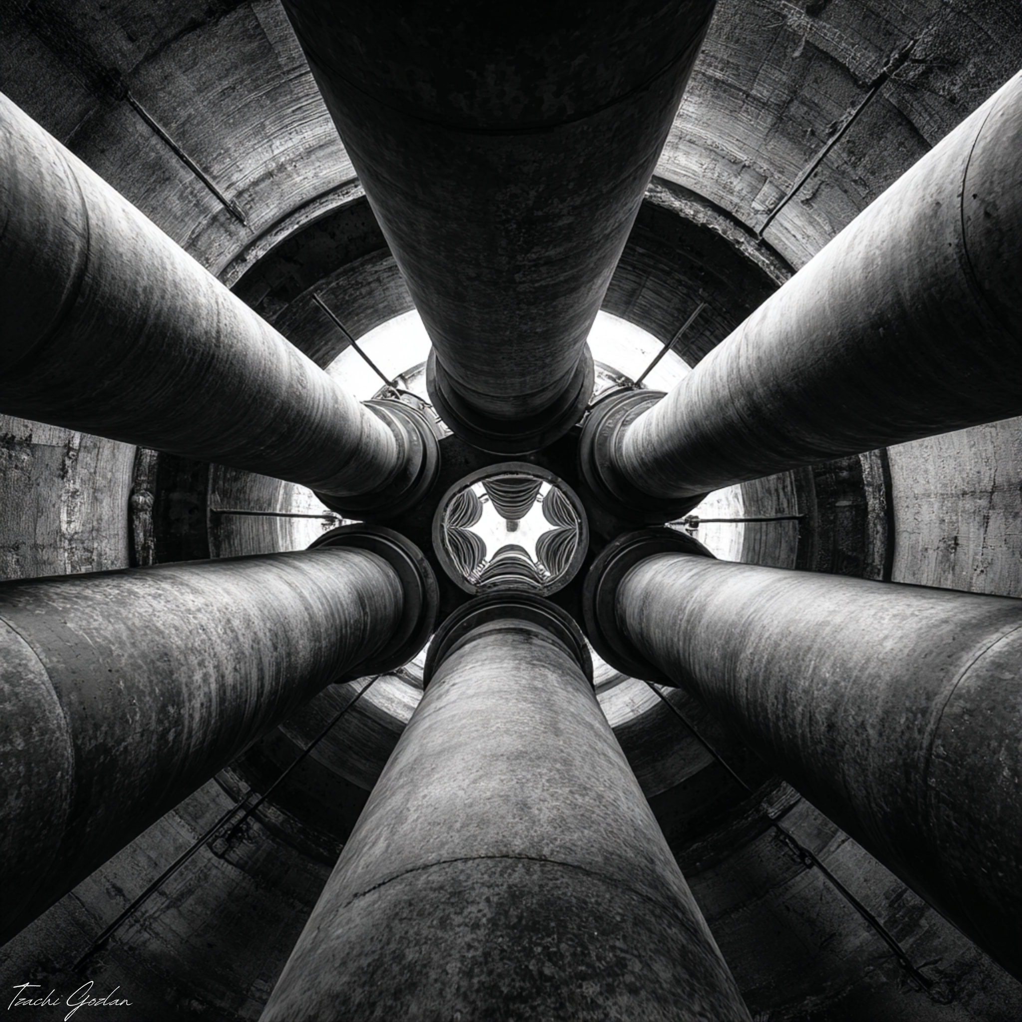 Black and white photo of a circular concrete structure with pipes converging towards the center.