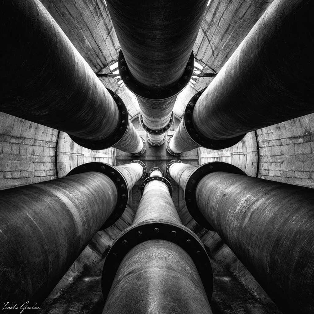 Black and white photo of multiple pipes converging at a central point