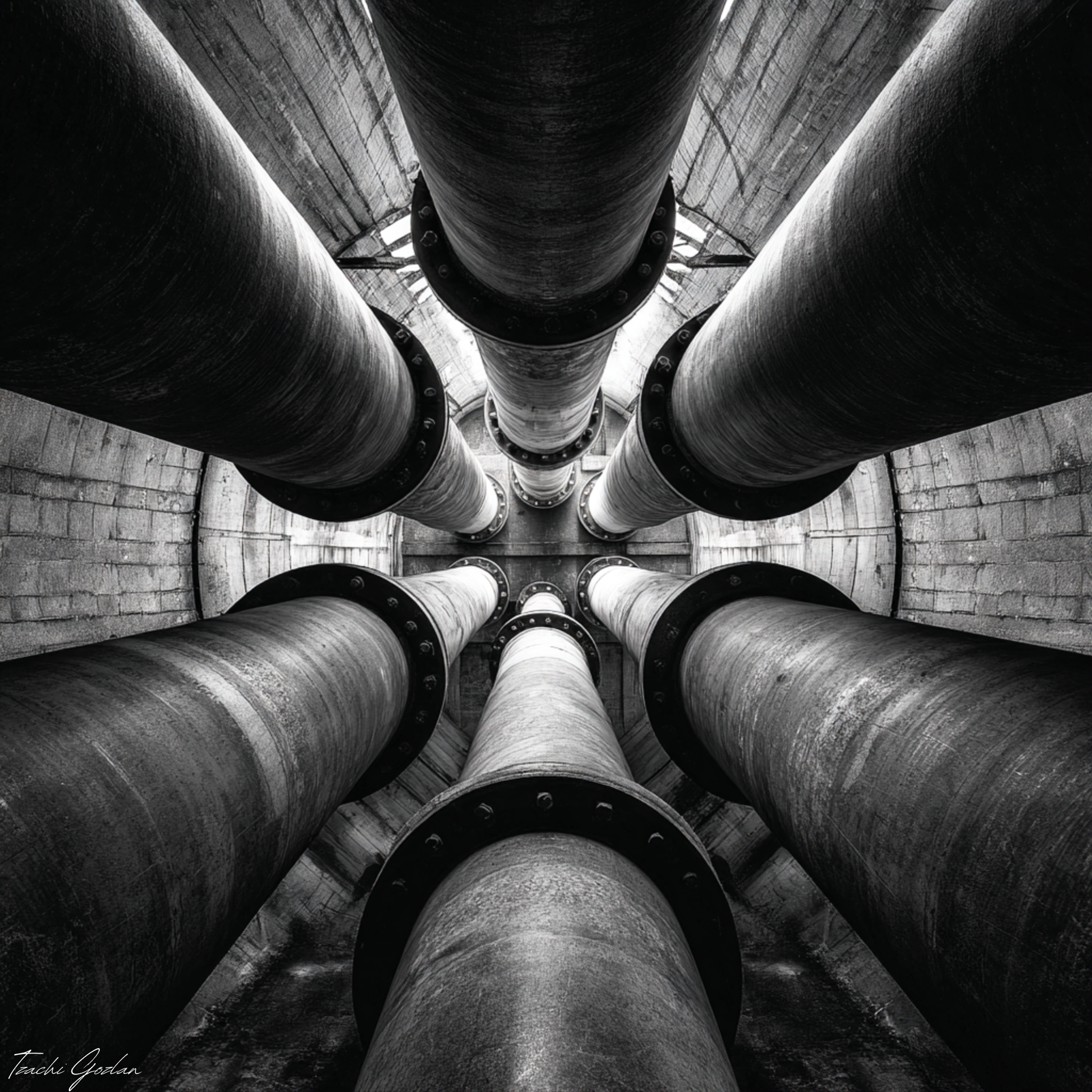 Black and white photo of multiple pipes converging at a central point
