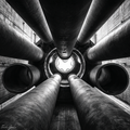 Black and white photo of multiple pipes converging towards a central light source.
