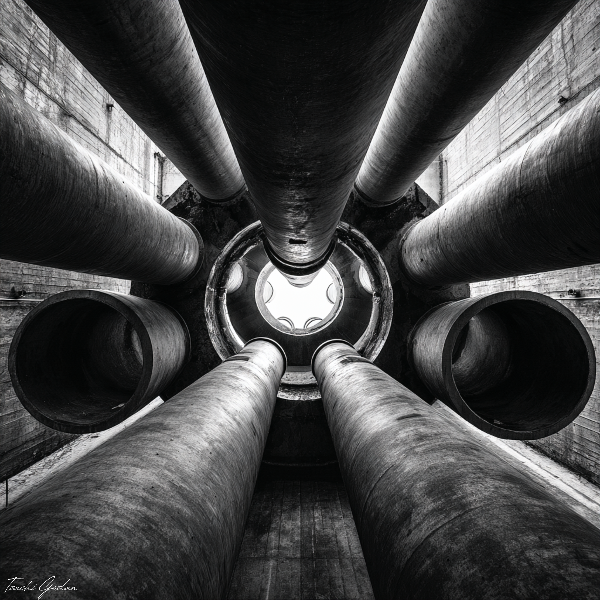 Black and white photo of multiple pipes converging towards a central light source.