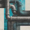 Abstract art of pipes with a geometric pattern in teal and gray.