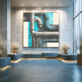 Modern interior with abstract art on the wall and decorative elements.