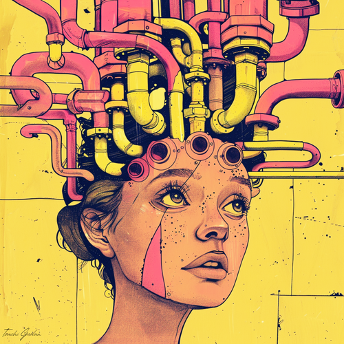 Color Surge by Tzachi Gozlan – Woman crowned with pink and yellow pipes on a yellow background