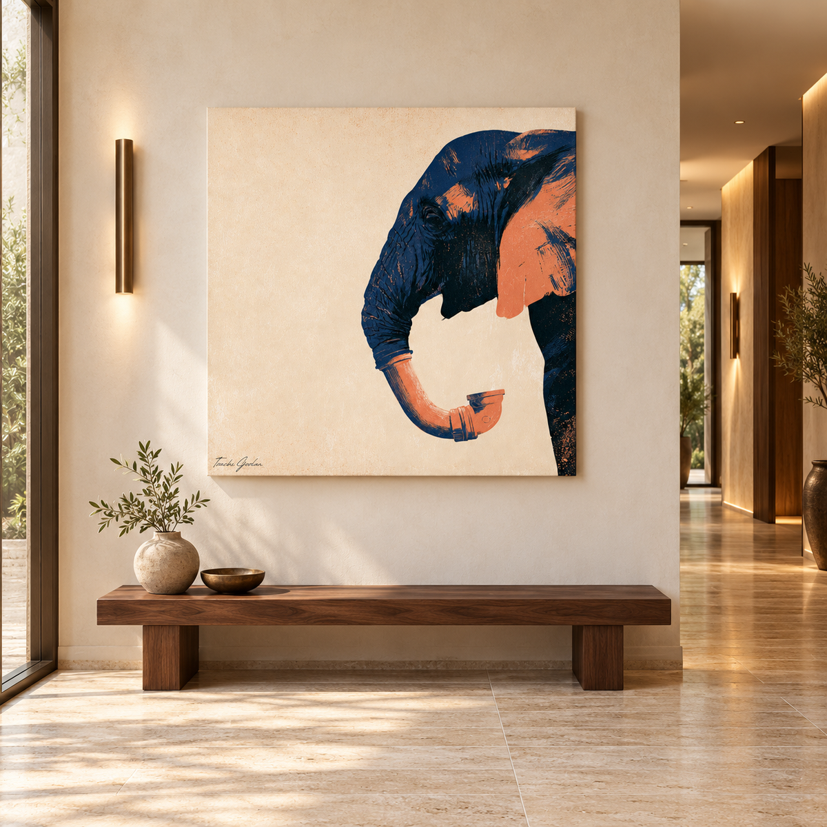 Outlines by Tzachi Gozlan – Displayed on canvas in a modern hallway above a wooden bench