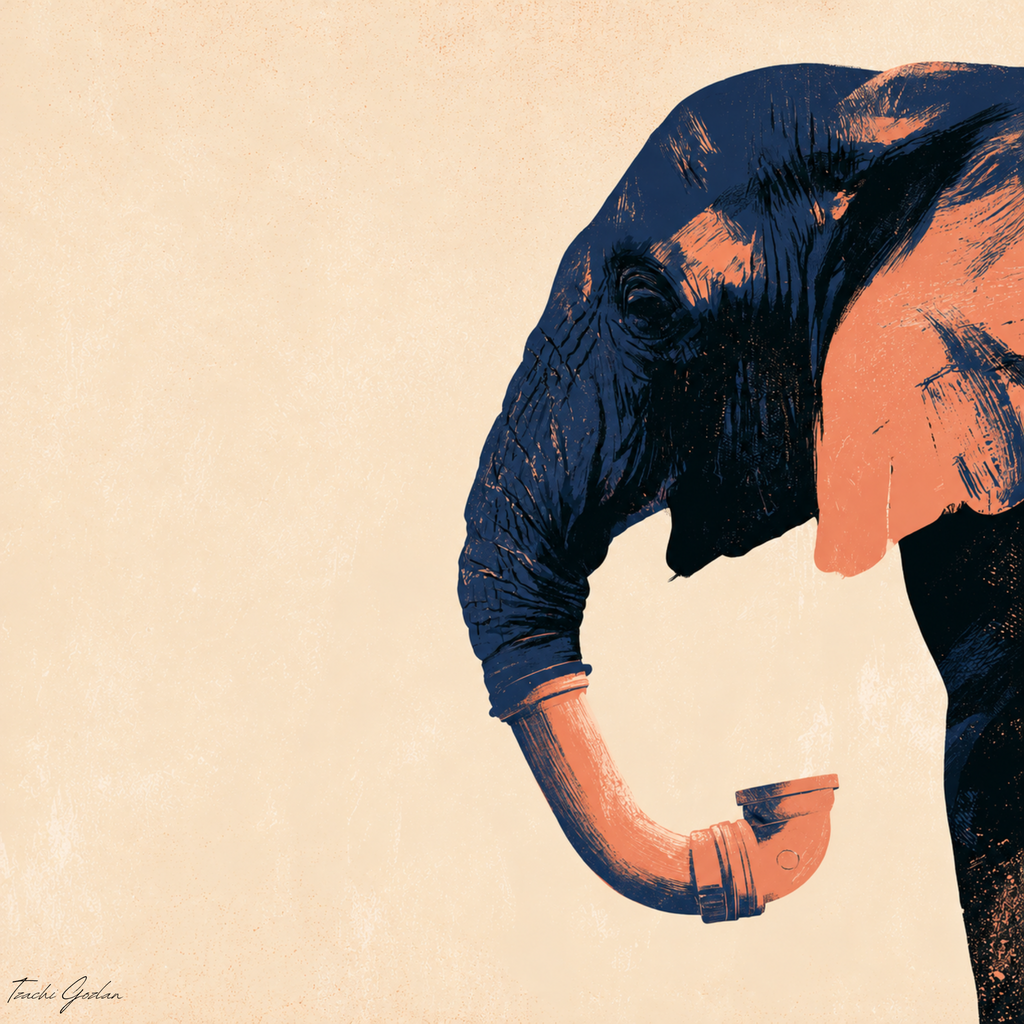 Outlines by Tzachi Gozlan – Stylized elephant head and trunk in navy and peach on cream